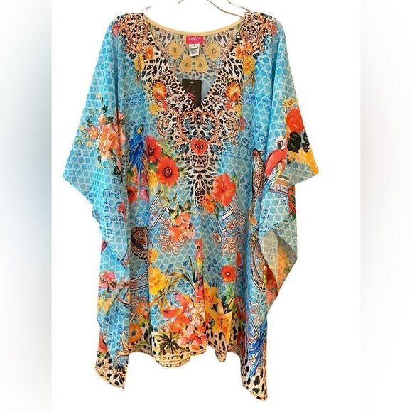 Ranee’s NWT M Blue Resortwear Beach Flowy Beaded Léopard Parrot Print Swim Cover - Picture 2 of 8